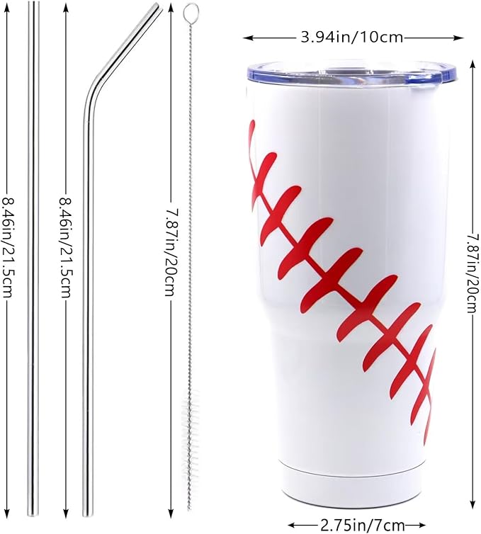 FMYWZS 30 oz Baseball Tumbler, Double Wall Vacuum Insulated Stainless Steel Cup Travel Mug with Lid and Straw, Baseball Accessories Stuff Gifts for Mom Men Boys Girls