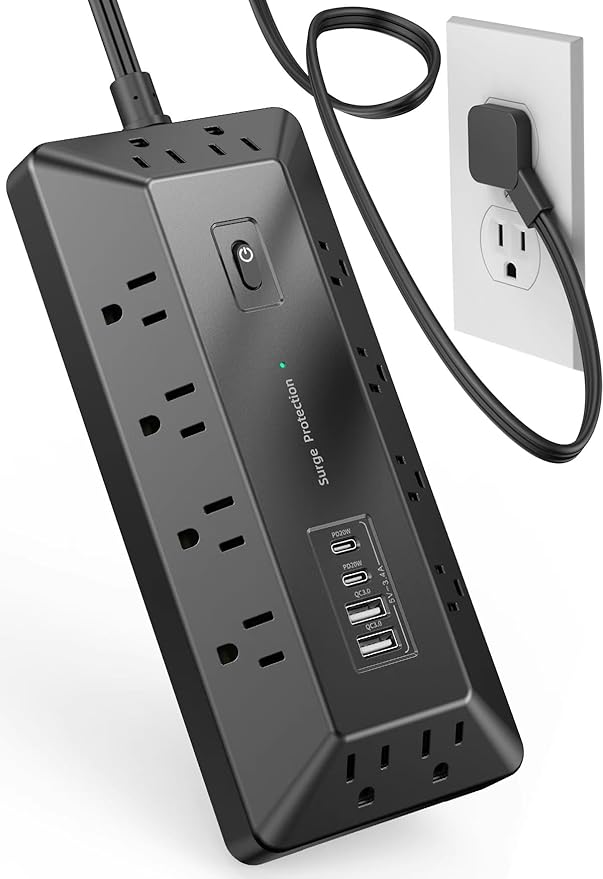 Surge Protector Power Strip with USB Ports, 12 Outlets 2 USB-C 2 USB-A, 6 Ft Flat Plug Extension Cord, Multi Plug Outlet as Charging Station for Desk, Office, Home,Dorm, UL Certification (Black)