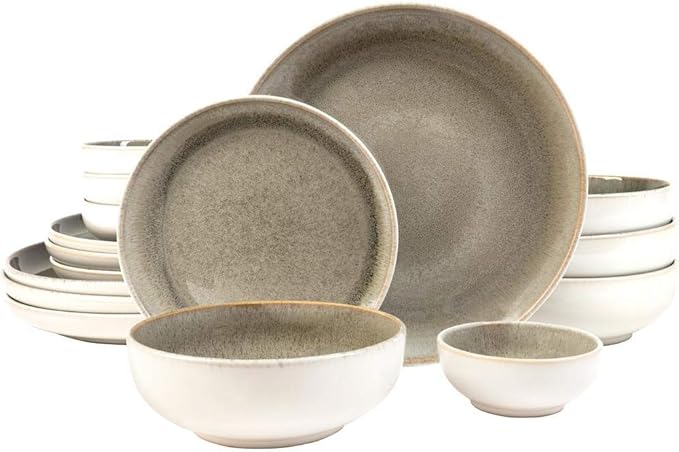 Sango 16-Piece Stoneware Dinnerware Set for 4, Glossy Cream/Green Plates and Bowls Sets with Reactive Glaze, Ceramic Dish Set, Modern Dishes for Everyday Use, Microwave & Dishwasher Safe, Resona Moss
