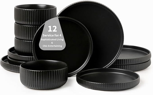 Dinnerware Sets for 4,Microwave Safe Plates and Bowls Sets,12 Piece Dylan Dish Set,Reactive Glaze Stoneware Dinnerware Set (Matte Reactive Dark Night, Service for 4 (12pcs))