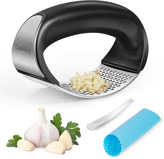 Cook Guy 304 Stainless Steel Garlic Press Rocker Set - Premium Garlic Mincer, Crusher, Peeler and Scraper Tool for Effortless Mincing - Comfortable Grip Garlic Grinder (Silver)
