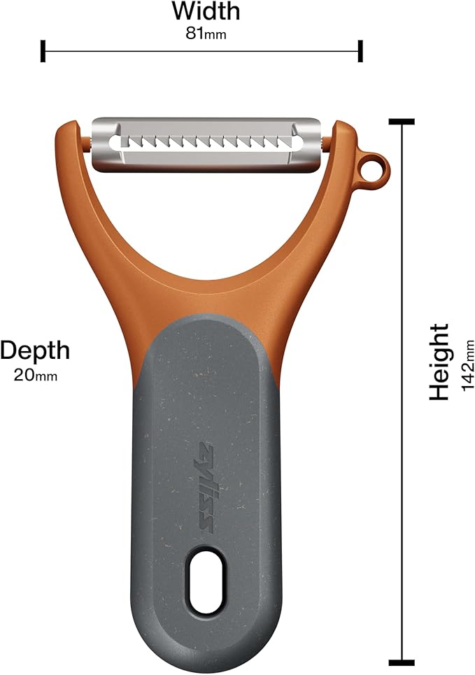 Zyliss Julienne Y Peeler – Ultra-Sharp Stainless Steel Blade for Carrots, Zucchini & Potatoes – Ergonomic Wheatstraw Grip – Built-in Eye Cutter & Safety Cover – Dishwasher Safe – Orange