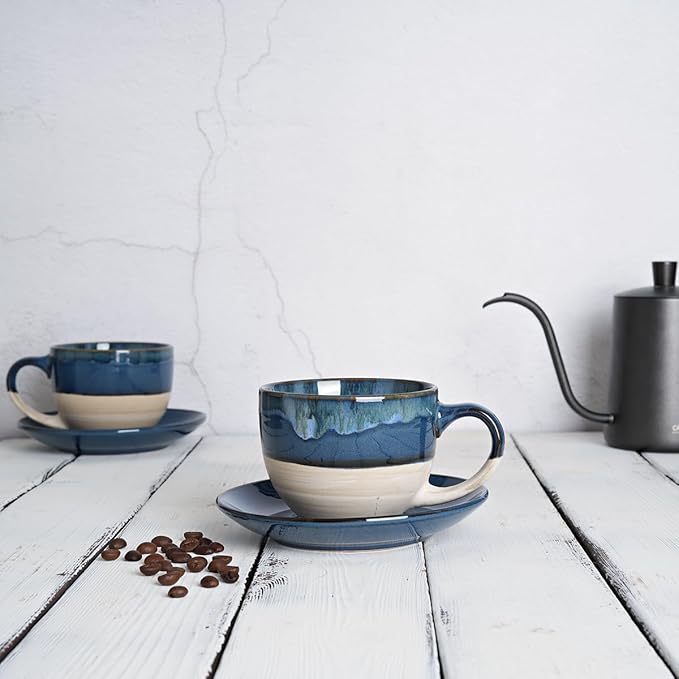 Bosmarlin Ceramic Cappuccino Cup and Saucer Set of 2, 10 Oz, Coffee Cups for Latte, Espresso, Tea, Dishwasher and Microwave Safe, Reavtive Glaze (Deep Blue)