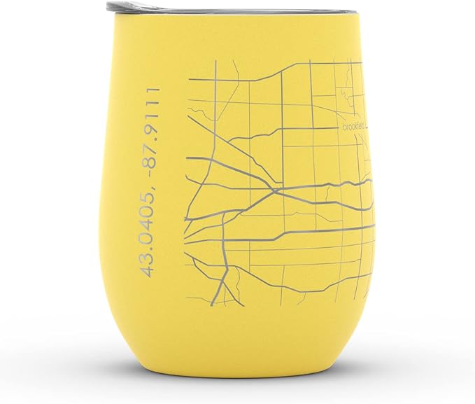 Well Told Engraved Milwaukee Wisconsin Map Insulated Wine Tumbler, Etched Stainless Steel Cup (12 oz, Sunrise Yellow) City Map Insulated Tumbler, Custom Insulated Tumbler, Outdoor Drinkware