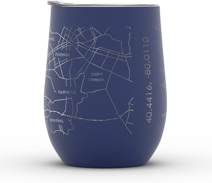 Well Told Engraved Pittsburgh Pennsylvania Map Insulated Wine Tumbler, Etched Stainless Steel Cup (12 oz, Midnight Blue) City Map Insulated Tumbler, Custom Insulated Tumbler, Outdoor Drinkware