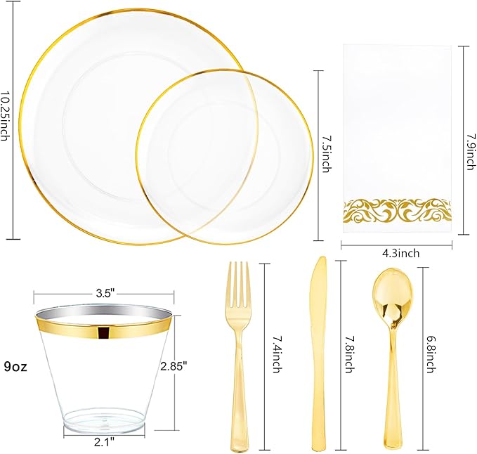 NOCCUR 350PCS Clear and Gold Plastic Plates - Gold Disposable Plastic Dinnerware Set for 50 Guests Include 100 Plastic Plates, 150 Gold Cutlery, 50 Cups&50 Napkins Idea for Party/Christmas