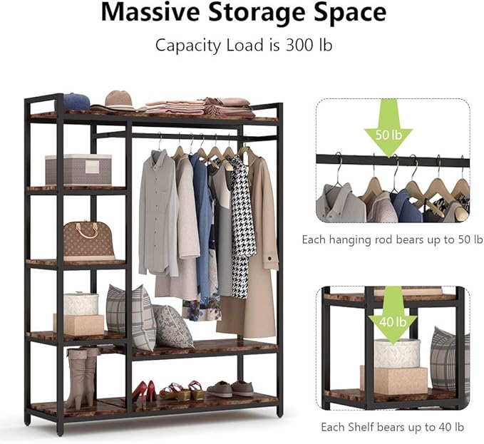 LITTLE TREE Free Standing Wood Closet Clothes Rack,Heavy Duty Grament Rack with Shelves,Hanging Racks for Clothes Clothing Rack for Bedrom,Wardrobe Closet Organizer,350 lb Capacity,Rustic