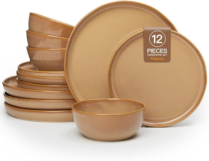 Ceramic Dinnerware Set for 4,Reactive Glaze Plates and Bowls Sets,Microwave Safe,Chip-Resistant Dish Set,Perfect for Modern Dining,Farmhouse Style (Cappuccino, Service for 4 (12pcs))