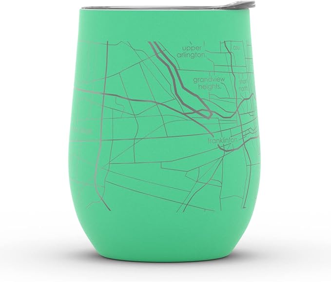Well Told Engraved Columbus Ohio Map Insulated Wine Tumbler, Etched Stainless Steel Cup (12 oz, Sunday Green) City Map Insulated Tumbler, Custom Insulated Tumbler, Outdoor Drinkware