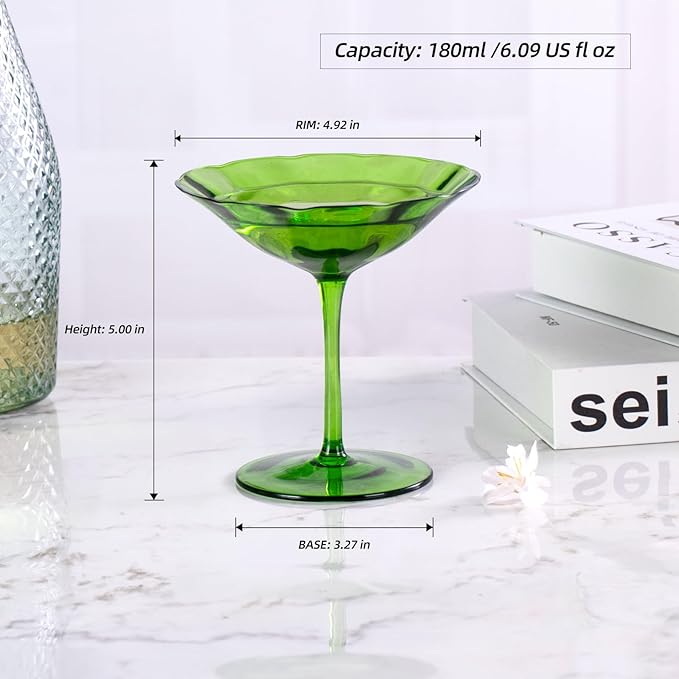 KAMMAK Martini Glasses Set of 2, 6.09 oz Clear Crystal Cocktail Glasses with Stem, Reusable Cocktail Glassware for Wedding Birthday Party, Bar, Margarita, Whiskey, Gin, Tequila, Green Cocktail
