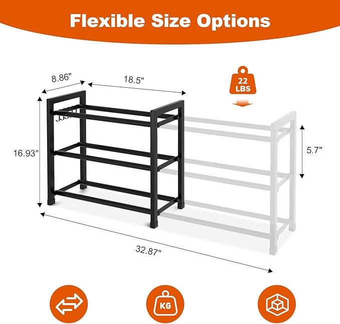 Expandable Shoe Rack for Closet Adjustable Metal Shoe Rack for Entryway 18.5"-33" Free Standing Shoe Organizer 12 Pairs with Hooks 3-Tier Small Shoe Shelf for Bedroom Garage Dorm Floor, Black