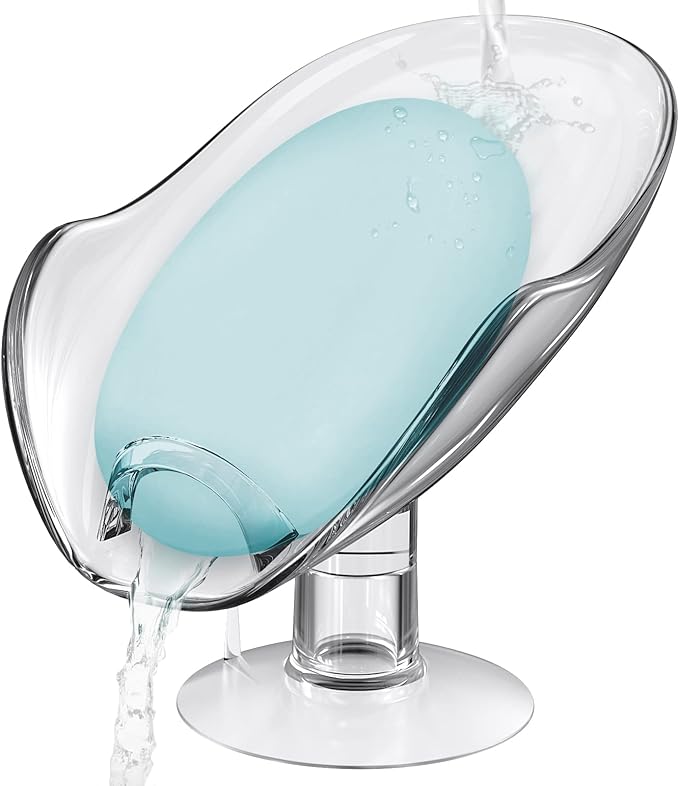 NPET Not Punched Self Draining Plastic Soap Dish Holder with Enlarged Suction Cup,Portable Soap Tray for Bathroom Shower, Kitchen Sink, Save Space and Soap (1, 1 Clear)