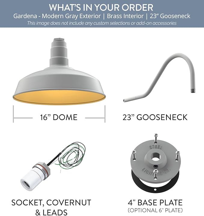 Steel Lighting Co. | Dusk to Dawn | Gardena Barn Light | Outdoor Wall Mounted | 16" Dome | 23" Gooseneck | Farmhouse Light Made in America | Modern Gray/Brass