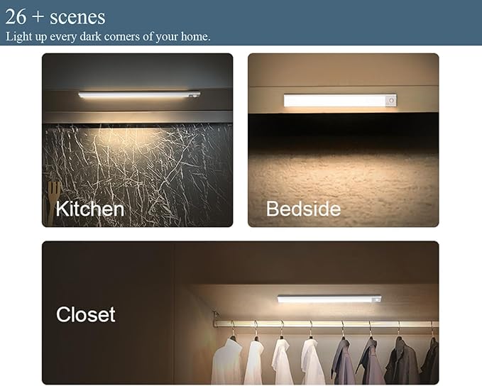 TECHNOVA Wireless Under Cabinet Lighting with Motion Sensor - 2-Pack Rechargeable LED Closet Lights for Kitchen, Bathroom, Bedroom
