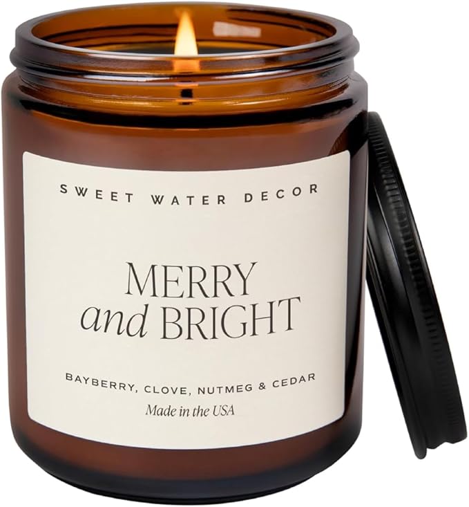 Sweet Water Decor Merry and Bright Candle - Bayberry, Fir, Nutmeg, and Clove Winter Non Toxic Christmas Scented Soy Candles for Home - 9oz Amber Jar, 40 Hour Burn Time, Made in The USA