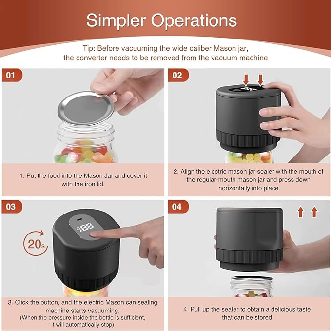 Electric Mason Jar Vacuum Sealer Kit, Portable, Automatic Start Stop, Wide Mouth and Regular Lid, Opener and Lids Included, for Canning Sealing Preserving Jars, Pickling, Jams Food Storage (Black)