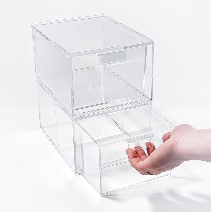 2 Pack Clear Stackable Makeup Organizer, Acrylic Bathroom Storage Drawers with Handles for Vanity, Kitchen Cabinets, Undersink, Pantry, Home Organization and Storage