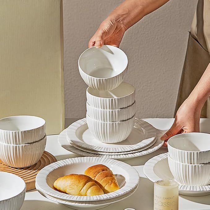 24-Piece White Ceramic Dinnerware Set - Rhine Series, Service for 6, Includes Bowls, Flat & Deep Plates, Microwave & Dishwasher Safe