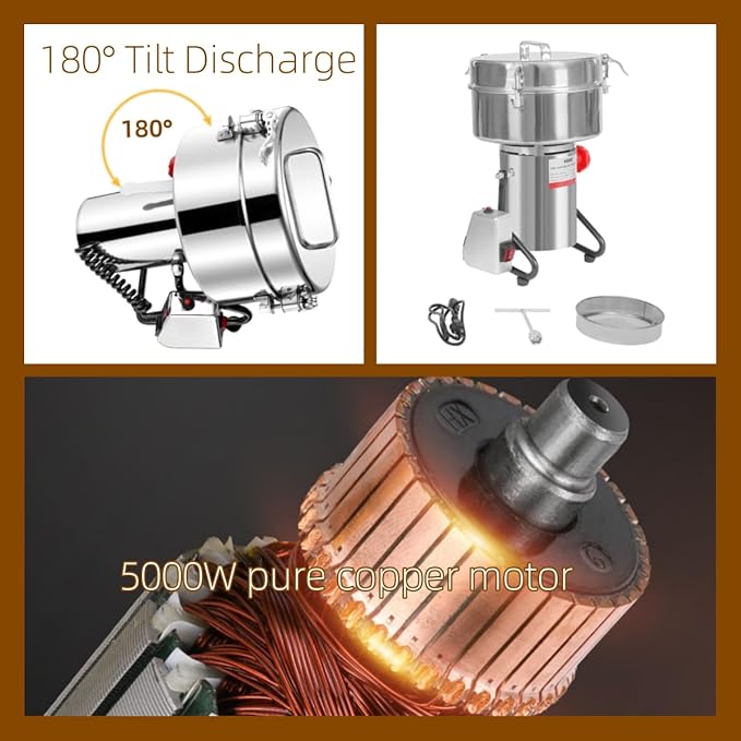 5000W High Speed Electric Grain Grinder – 30,000rpm Pure Copper Motor, 9.92lbs Stainless Steel Bin, 50-300 Mesh Multi-Function Grinder for Grains, Herbs, Spices & Nuts – Silver