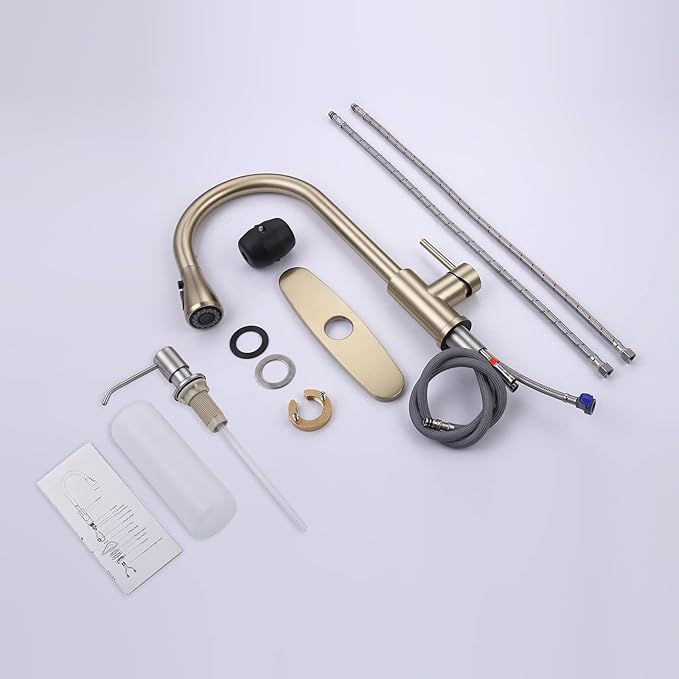 Gold Pull Down Kitchen Faucet with Soap Dispenser - Single Handle High Arc Stainless Steel Faucet