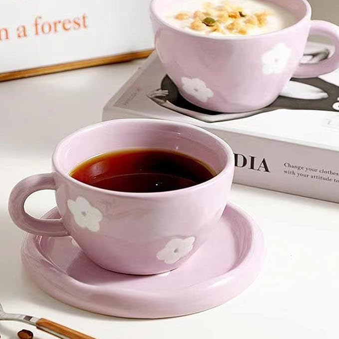 Coffee Mugs Set with Saucer Cute Purple Flowers Cup Gifts for Women for Birthday Tea Coffee Mug Saucer 250 ML Ceramic Cup Birthday Gift for Women Girls Mom Friend Coffee Mug aucer Set