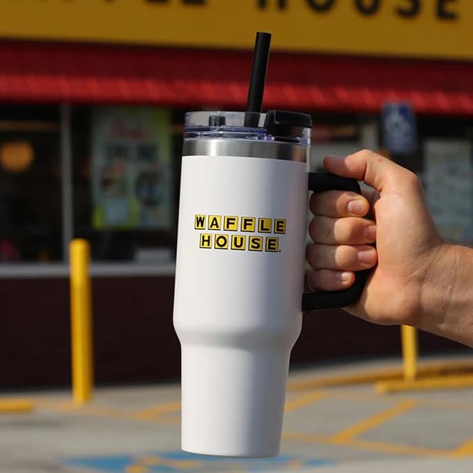 Waffle House Stainless Steel Tumbler with Straw – 24oz Double Wall Vacuum Insulated Cup with Straw & Spill-Resistant Lid – Hot & Cold Drinks – Durable Modern Travel Mug for Home or On-the-Go