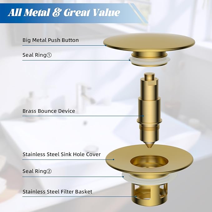 Hibbent 2 Pack All Metal Bathroom Sink Stopper, Universal Pop Up Drain Strainer, Brass Bullet Core Push Type Sink Stopper for 1.1''~2.3'' Basin, Big Push Button, Anti Clogging Filter, Brushed Gold