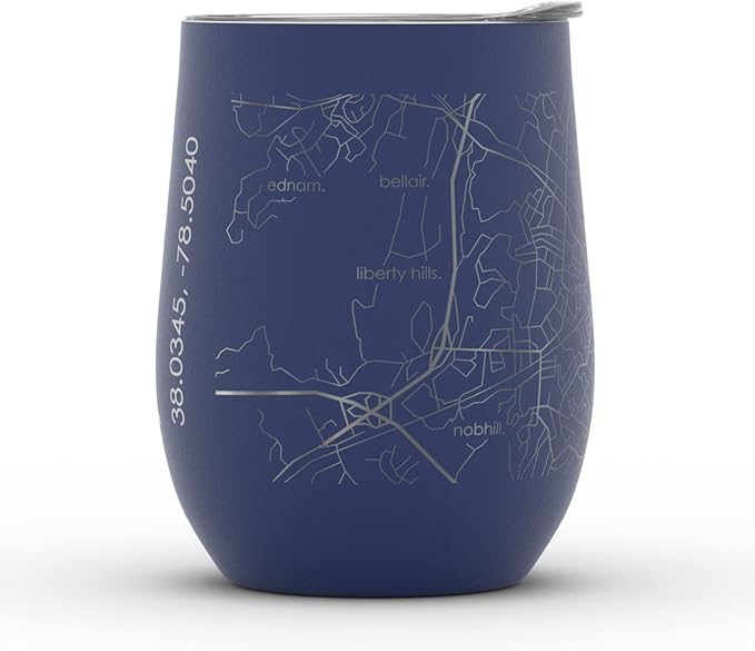 Well Told Engraved Charlottesville Virginia Map Insulated Wine Tumbler, Etched Stainless Steel Cup (12 oz, Midnight Blue) City Map Insulated Tumbler, Custom Insulated Tumbler, Outdoor Drinkware