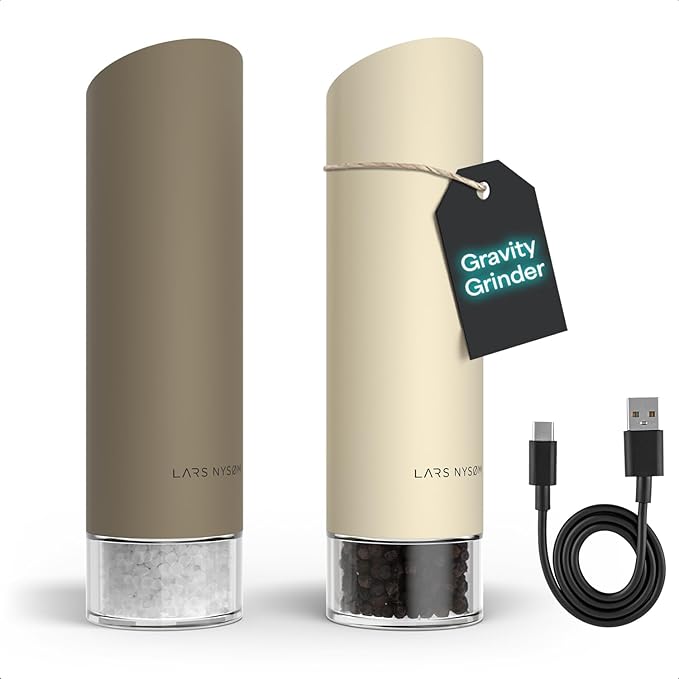 LARS NYSØM Gravity Grinder - Electric Salt & Pepper Grinder Set - USB-C Rechargeable Automatic Spice Grinder, Adjustable Coarseness, One-Handed Operation for Kitchen (Brown/Beige)