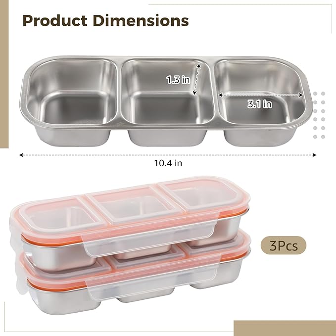 3 Pcs Stainless Steel Snack Containers with Lids, 3 Compartment Divided Food Storage Containers, 304 Steel Leek Proof Bento Lunch Snack Boxes for School, Home, Travel