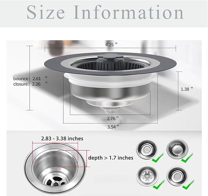 Kitchen Sink Drain Strainer, 3 in 1 Stainless Steel Kitchen Sink Stopper and Strainer, for Standard 3-1/2 Inch Drain(Opening Diameter is 2.83-3.38 inches,Depth >1.7 in)