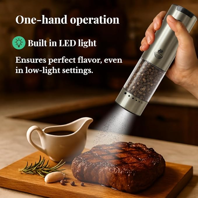 Electric Salt and Pepper Grinder Set - Automatic 3A Battery Pepper Mill Shakers - Upgraded Adjustable Coarseness with Led & Large Capacity - Built-in LED Light - 2 Pack