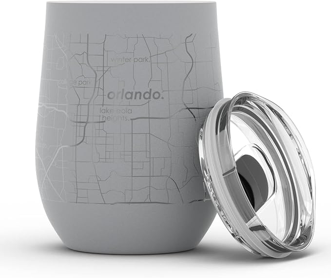 Well Told Engraved Orlando Florida Map Insulated Wine Tumbler, Etched Stainless Steel Cup (12 oz, Dockside Gray) City Map Insulated Tumbler, Custom Insulated Tumbler, Outdoor Drinkware