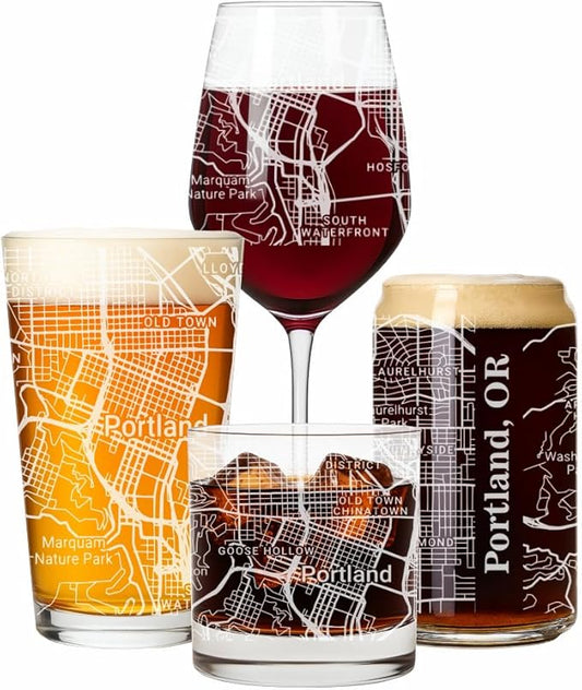 Blue Ridge Mountain Gifts - Portland Souvenir - Oregon Glassware Gift, Etched City Map, Laser Engraved and Dishwasher Safe