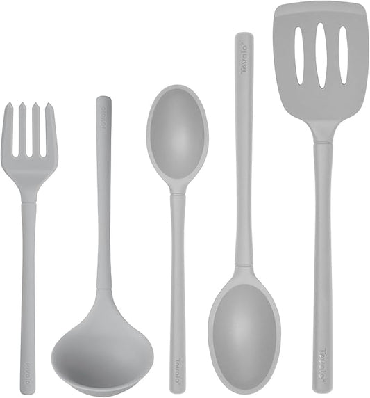 Tovolo Flex Core Silicone Cooking Utensils Set of 5 Slotted Turner Spatula Spoons Fork Ladle Non Stick Dishwasher Safe Heat Resistant Kitchen Tools for Cooking Baking Serving Food Prep Oyster Gray