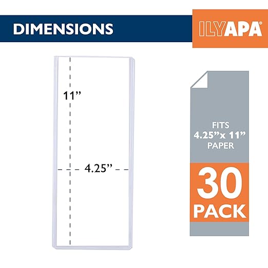 Ilyapa Restaurant Menu Covers 4.25 x 11 Inch - 30 Pack, Single Page, 2 View Clear Sleeves Holder for Restaurant, Durable PVC Hard Plastic Menu Holder
