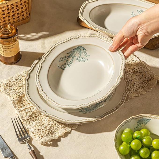 8-Piece Dinnerware Set - Lily Bloom Series, Service for 4, Includes 6'' Bowls & 10'' Plates, Retro Vintage Floral Style, Microwave & Dishwasher Safe