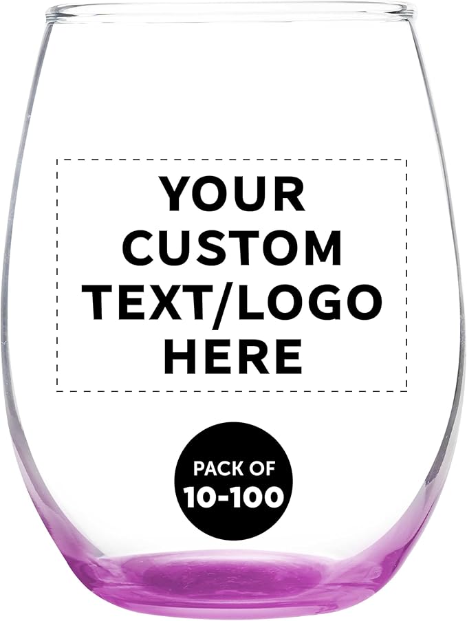 DISCOUNT PROMOS Custom Stemless Wine Glass 9 oz. Set of 10/50/100, Personalized Bulk Pack - Great for Wedding Favors, Bachelorette Party Decorations, Party Favors - Pink