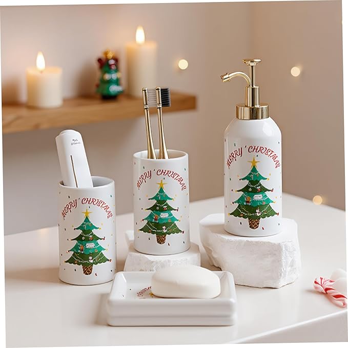 Christmas Bathroom Accessories Set Ceramic Christmas Soap Dispenser with Toothbrush Holder Tumbler Soap Dish for Bathroom Decor Home..