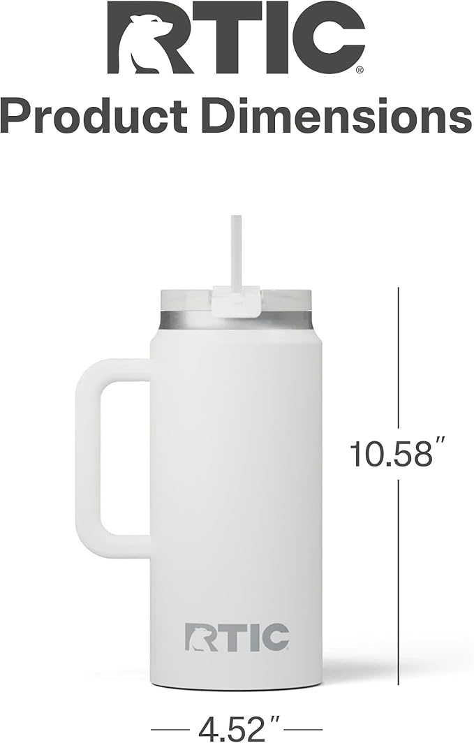 RTIC 64 oz Ceramic Lined Insulated Road Trip Tumbler, Leak-Resistant Lid, White