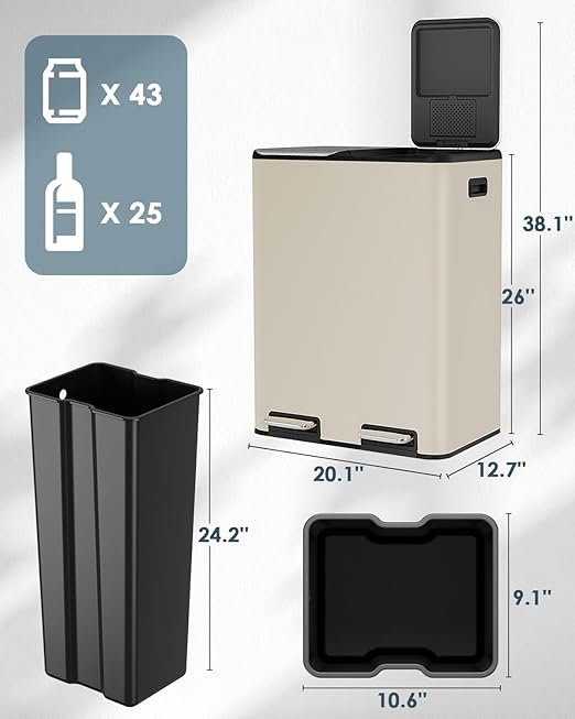 Arlopu 16Gal Dual Trash Can w/2 Built-in Box for Odor Control, Hands-Free Kitchen Garbage Bin, Recycle Waste Dustbin, Soft-Close Lid, 2 Buckets,Foot Pedal, Side Handle, Airtight,for Home (Beige)