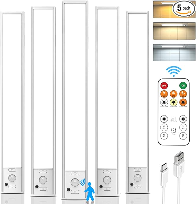 Under Cabinet Lights Wireless, 12'' Rechargeable Motion Sensor Light Indoor, 3 Color Temperature Dimmable Closet Lighting with Remote, Under Counter Lights for Kitchen, Pantry, Stairs, Wardrobe