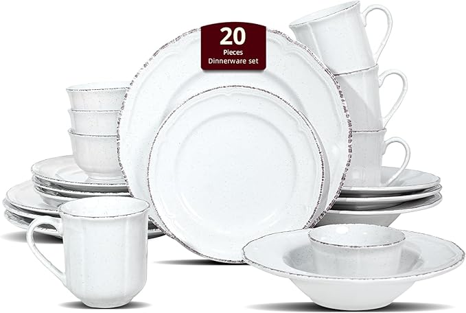 20pc Dinnerware Set, Plate and Bowl Set, Stoneware Dishes Set for 4, Microwave and Dishwahser Safe, Scratch Resistant, French Countryside Speckled Antique White