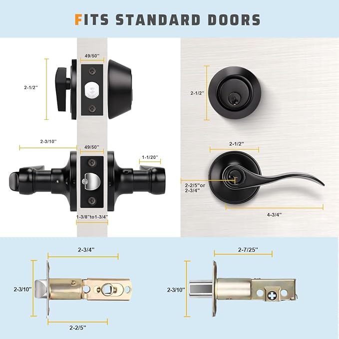 KNOBWELL 2 Pack Front Door Entry Lever Lockset with Single Cylinder Deadbolt, Keyed Alike Exterior Leverset and Dead Bolt Lock Set, Black Door Handle Lever Lock with Deadbolt