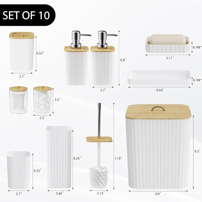 Bathroom Accessories Set - 10PC Bathroom Set, White Bathroom Set, Bathroom Accessories Set, Toilet Brush, Bathroom Trash Can & Soap Dispenser