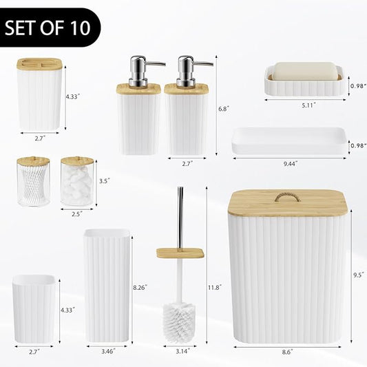 Bathroom Accessories Set - 10PC Bathroom Set, White Bathroom Set, Bathroom Accessories Set, Toilet Brush, Bathroom Trash Can & Soap Dispenser