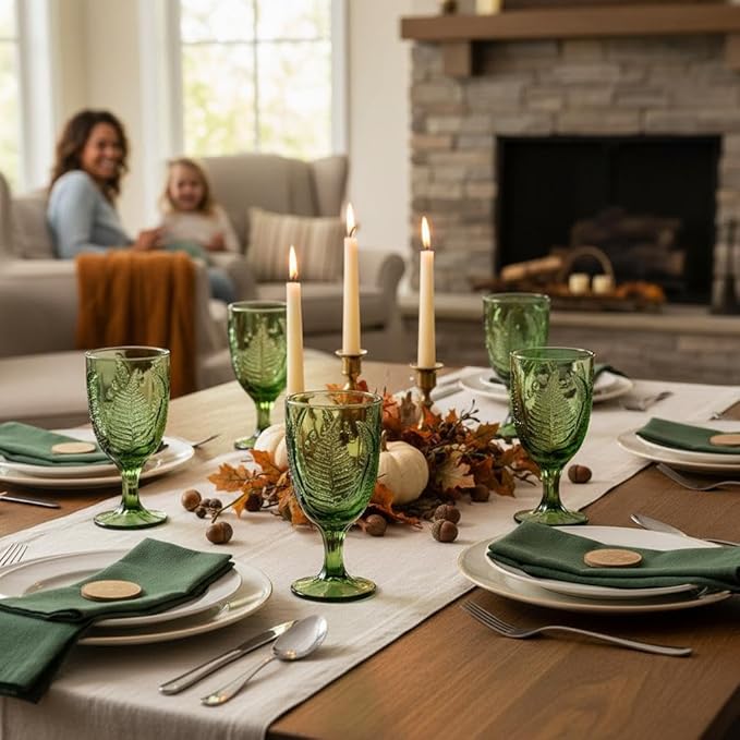 Green Glass Goblets Set of 4 – 10 oz Vintage Glassware Decorative Wine Glasses, Colored Cute Goblet Drinking Cups, Unique Textured Water Cup Sets, Colorful Aesthetic Pretty Drinkware & Christmas Gifts