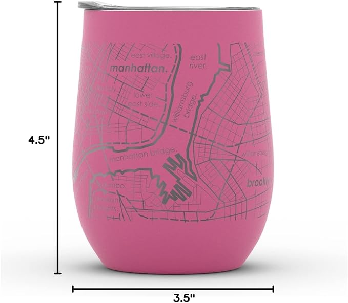 Well Told Engraved New York City Map Insulated Wine Tumbler, Etched Stainless Steel Cup (12 oz, Sunset Pink) City Map Insulated Tumbler, Custom Insulated Tumbler, Outdoor Drinkware