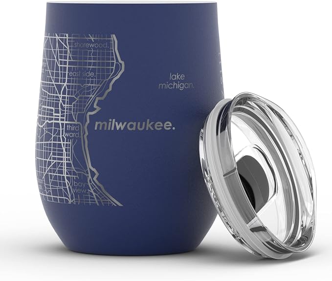Well Told Engraved Milwaukee Wisconsin Map Insulated Wine Tumbler, Etched Stainless Steel Cup (12 oz, Midnight Blue) City Map Insulated Tumbler, Custom Insulated Tumbler, Outdoor Drinkware