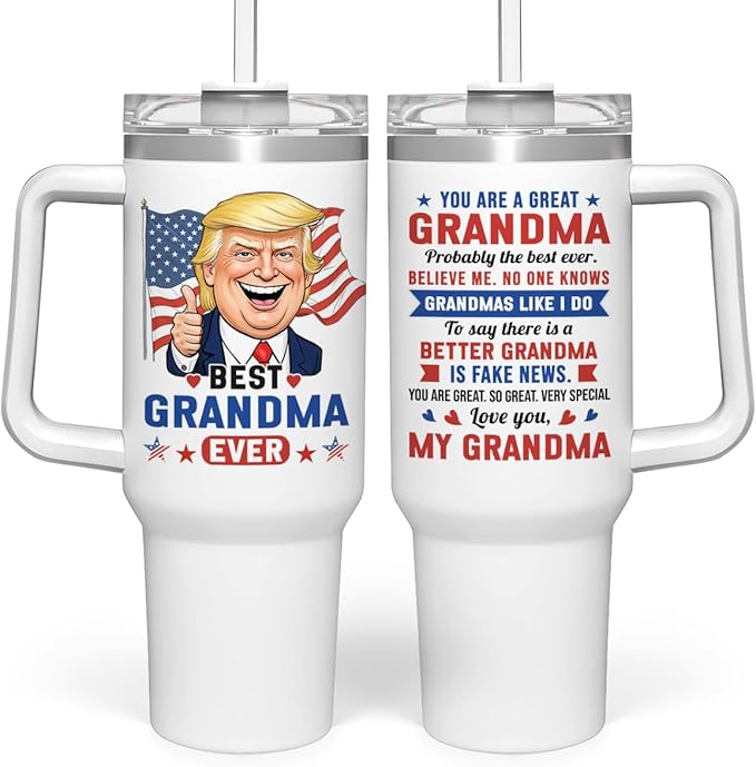 wowcugi Best Grandma Ever Tumbler with Handle 40oz, Trump Grandma Gifts for Birthday Christmas Mothers Day, Nana Gift for Grandmother Mimi Grandmom from Granddaughter Grandson
